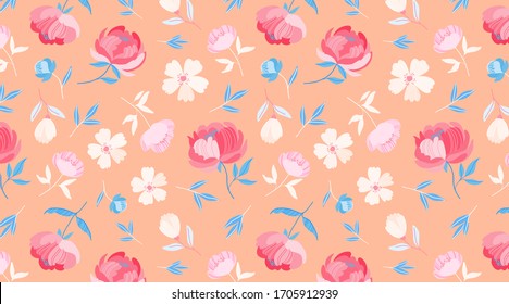 Orange spring flower pattern. Beautiful round stylised peony flowers on the pastel orange background. Minimalistic seamless floral design for web, fabric, textile, wrapping paper. Cute flowers.  