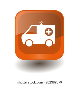 Orange square button with white ambulance sign, vector design for website 