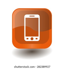 Orange square button with white smartphone sign, vector design for website 