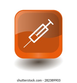 Orange square button with white syringe sign, vector design for website 