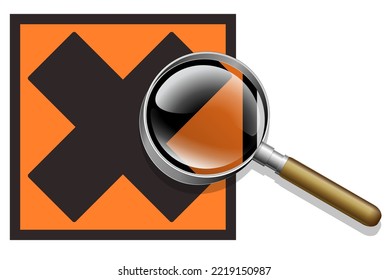 Etiqueta cuadrada naranja con una cruz negra que indica un producto irritante y perjudicial bajo el zoom de una lupa (corte)