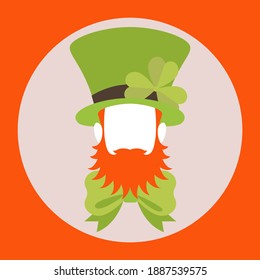 Orange square with modern flat design for St. Patrick's day in a light circle on a ginger background, icon with leprechaun character with green hat, with a shamrock, a red beard, a bow tie and no face