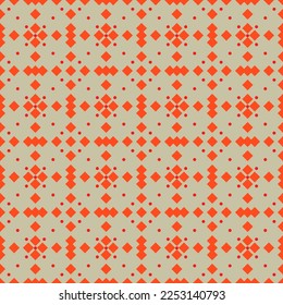 orangefarbenes quadratisches Zierbild auf grauem, nahtlosem Muster. Abstraktes geometrisches Hintergrunddesign. Moderne abstrakte Textur. Farbige Vorlage für Drucke, Textilien, Umhüllung, Tapete. Vektorgrafik