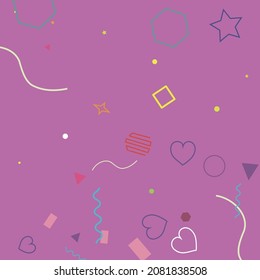 Orange Square Ring Polygonal Purple Green Red Geometry Illustration. Yellow Stars Hearts Lime Violet Zigzag Blue Background. Circle Rectangle Wave Simple Bright Colorful Pastel Hipster Background.
