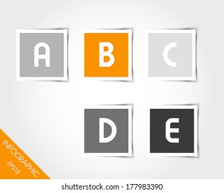 orange square stickers with letters and shadow. infographic concept.