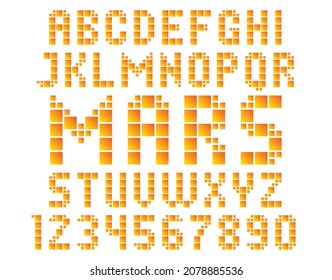 Orange square typography. Characters of Latin alphabet made from squares. Gradient color from yellow to red. Geometric typeface, twenty-six capital letters and ten numbers. Vector illustration.