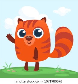 Orange squirrel chipmunk cartoon. Forest animal vector illustration of chipmunk standing isolated on forest background