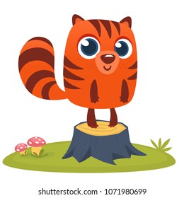 Orange squirrel chipmunk cartoon. Forest animal vector illustration of chipmunk standing on the wood stump