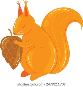 Orange squirrel holding large pine cone, tail curled, isolated white background. Cute cartoon woodland animal art, vector illustration. Bright colors, squirrel pinecone illustration, simple design