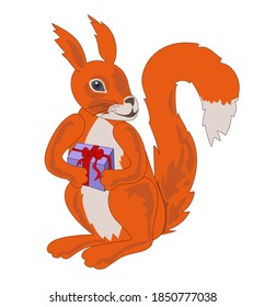 An orange squirrel holds a lilac gift with a red bow in its paws. The drawing is isolated on a white background, drawn in a cartoon style. Stock vector illustration.