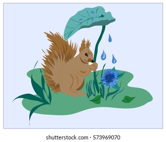 orange squirrel with a leaf of burdock