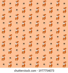 Orange squirrel sitting with nuts on light orange background repeat pattern 