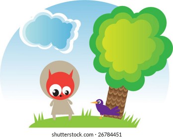 Orange squirrel walks in the park