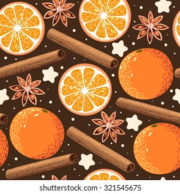 Orange, star anise and cinnamon vector seamless background