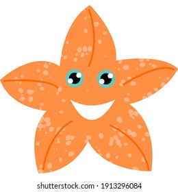 Orange star fish smiling. Cartoon character design. Cute and funny. Isolated on white. Sea and ocean animal. Nature and ecology. Swimming underwater. For post cards or posters