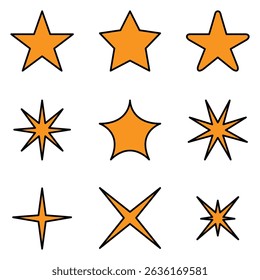 Orange Star Vector Set, Fun Filled Star Shapes with Black Outlines.