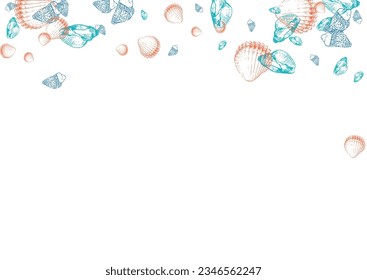 Orange Starfish Background White Vector. Snail Collection Wallpaper. Tropical Texture. Blue Seashell Vintage Set.