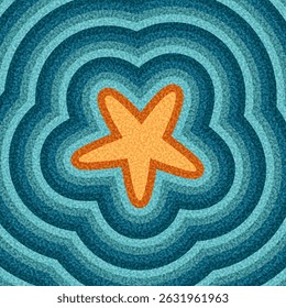 Orange starfish shape centered on concentric blue ripple pattern. Vector illustration.