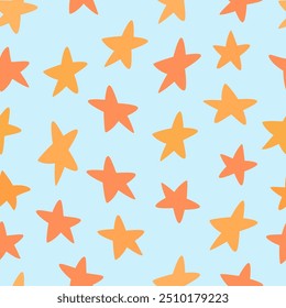 Patrón transparente de estrellas naranjas sobre fondo azul. Iconos de vectores de cuerpos celestes infantiles adornan el diseño creativo. Ilustración en color pastel