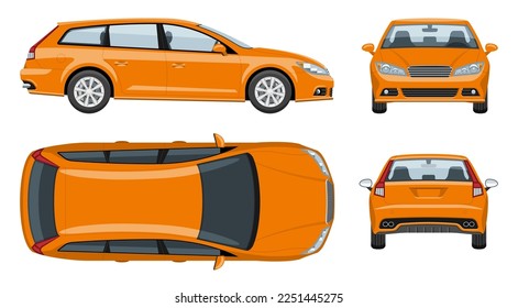 Orange station wagon car vector template with simple colors without gradients and effects. View from side, front, back, and top