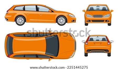 Orange station wagon car vector template with simple colors without gradients and effects. View from side, front, back, and top