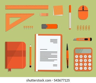 Orange stationery on a green background. Top view of a desk. There is a calculator, a folder, a diary, a ruler, a stationery knife, a marker and other objects in the picture. Vector flat illustration