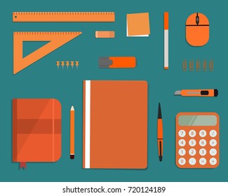 Orange stationery on a green background. Top view of a desk. There is a calculator, a folder, a diary, a ruler, a stationery knife, a marker and other objects in the picture. Vector flat illustration