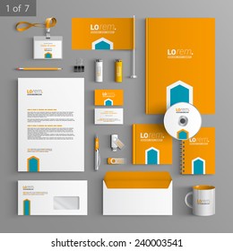Orange stationery template design with blue arrow. Documentation for business.