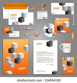 Orange stationery template design with white and black cubes. Documentation for business.