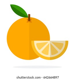 Orange with a stem and leaf and segment of orange vector flat material design isolated on white