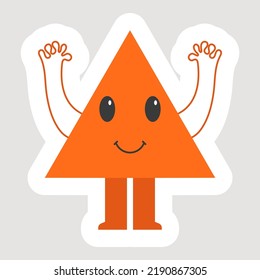 Orange Sticker Of Hand Up Standing Triangle Cartoon Over Grey Background.