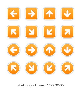 Orange sticker icon with arrow sign. Rounded square and circle buttons with gray shadow on white background. Vector illustration design element save in 10 eps