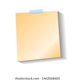 Orange sticker sheet with shadow, pinned adhesive tape. Notice board element. Perfect for back to school or business design theme. Vector illustration. Isolated on white background. Front view. 