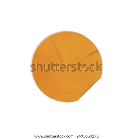 Orange sticker vector illustration with an old, worn paper texture. Circular design with slightly curled edges and subtle wrinkles. Perfect for vintage themed projects and design elements.