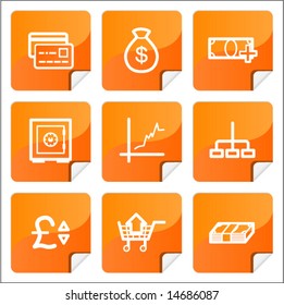 Orange stickers finance icons set. Vector.