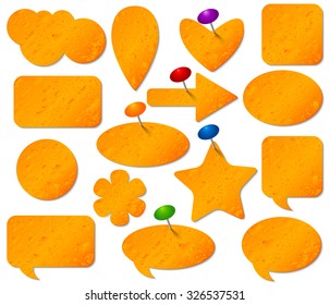 Orange stickers set with misted glass effect and colored pushpins.