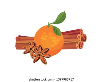 Orange with sticks and cinnamon flowers. Vector illustration on white background.