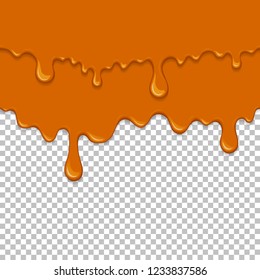 Orange sticky liquid seamless element. Realistic dripping slime isolated object. Dessert background with oozing honey. Popular kids sensory game. Gold caramel flowing repeatable vector illustration