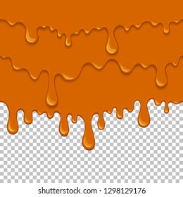 Orange sticky liquid seamless element. Realistic dripping slime isolated object. Dessert background with oozing honey. Popular kids sensory game. Gold caramel flowing repeatable vector illustration