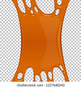 Orange sticky slime banner with copy space. Frame of golden caramel. Popular kids sensory toy vector illustration. Realistic oozing honey isolated object. Abstract design element with detailed slime