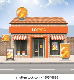 Orange store design with red, yellow and white arrows. Elements of outdoor advertising. Corporate identity