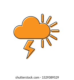 Orange Storm icon isolated on white background. Cloudy with lightning and sun sign. Weather icon of storm.  Vector Illustration