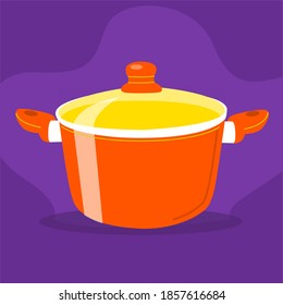 Orange Stovetop Pot With Yellow Lid. Cookware Or Cooking Pot. 