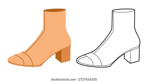 Laranja cinta bloco calcanhar bota mulheres plana mais linha set. Detalhe de fivela com salto empilhado para inverno e reunião. Ilustração de moda técnica CAD mockup vetor misto homens unisex isolado chique estilo