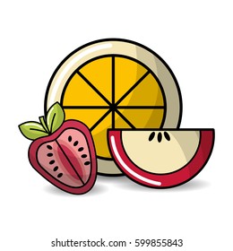 orange, strawberry and apple fruit icon