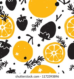 Orange, strawberry, basil. Vector seamless pattern. Hand drawn elements. Textile, wallpaper design Pop art style