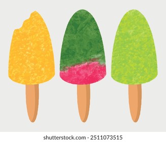 Hoja de crema de naranja y fresa congelada. Variedad de postres únicos de helado de paletas de acuarela aislados en blanco. Sabroso sundae colorido, Vector de helado. Poli de hielo colección de color arcoíris.