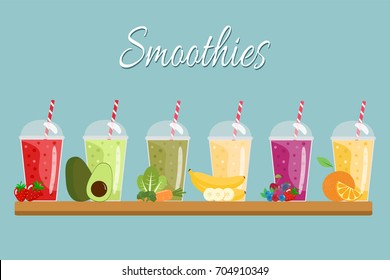 Orange, strawberry, green, berry, banana and avocado fresh smoothies.