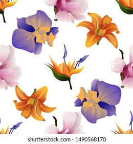 Orange Strelitzia. Pink Magnolia. Purple Orchid. Orange Daylily. Vector illustration. Seamless background pattern. Floral botanical flower. Wild leaf wildflower isolated. Exotic tropical hawaiian.