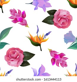 Orange Strelitzia. Purple Bllflower. Purple Magnolia. Pink Ginger. Pink Balsam. Vector illustration. Seamless background pattern. Floral botanical flower. Wild leaf wildflower isolated. Exotic.